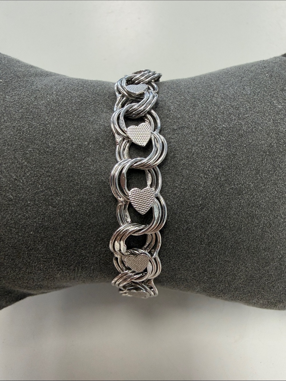 Sterling Silver Triple Round Charm Link Bracelet w/ Florentine Hearts